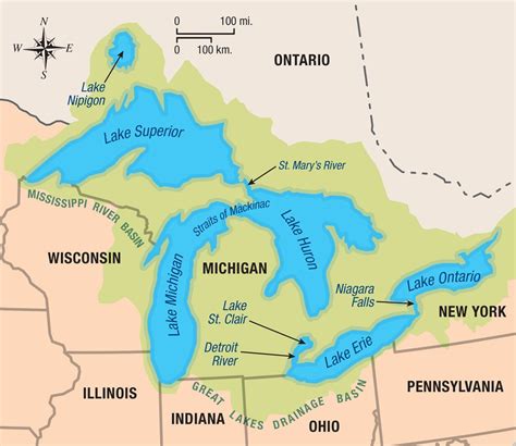 Map of Great Lakes in USA